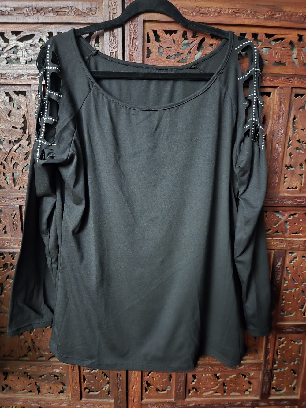 Black Long-Sleeve Cold-Shoulder Top with Studded Ladder Detail